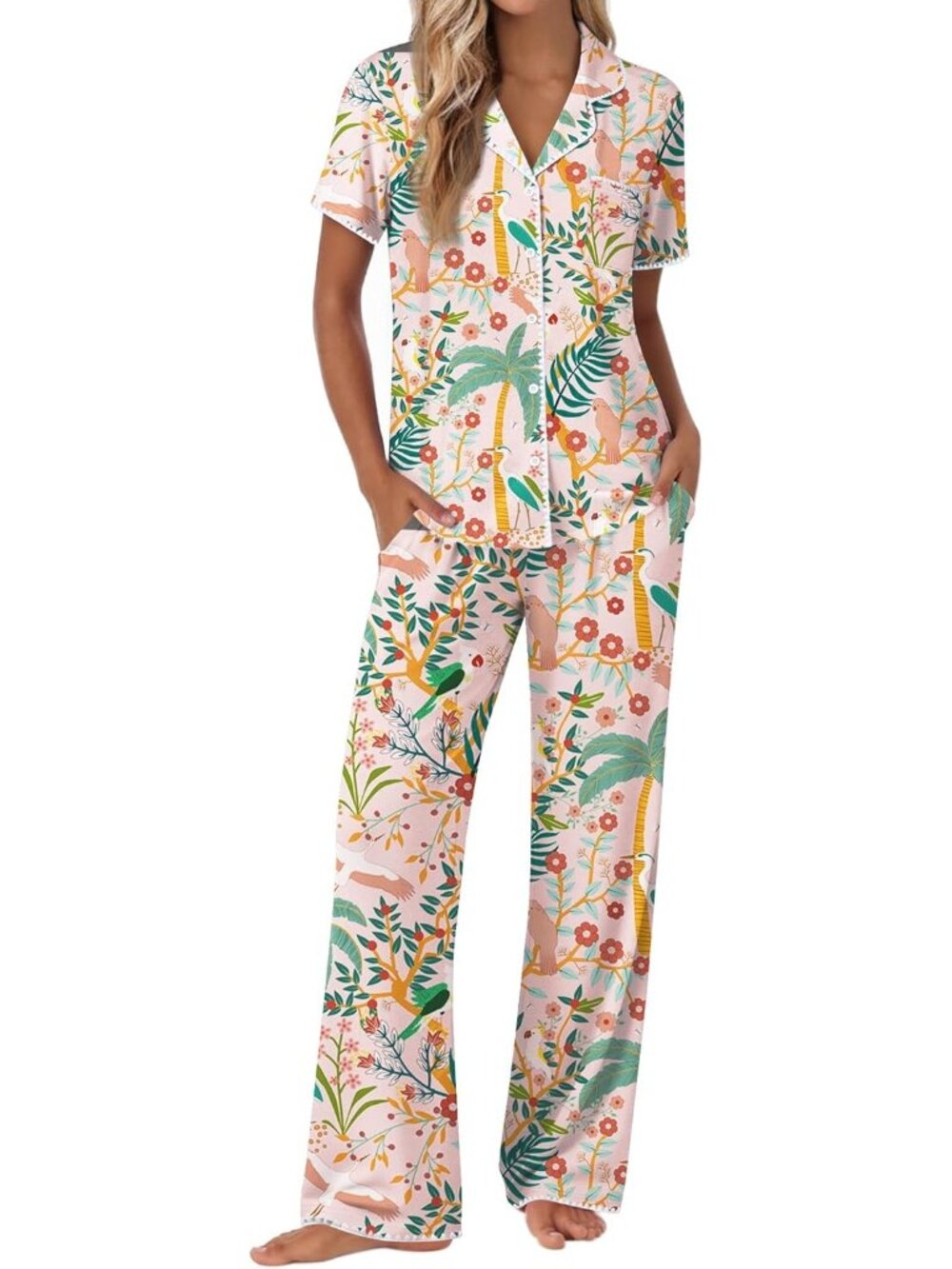 Women Tropical Print Short Sleeve Sleepwear Button Up Shirt Pajamas Set 2 Piece